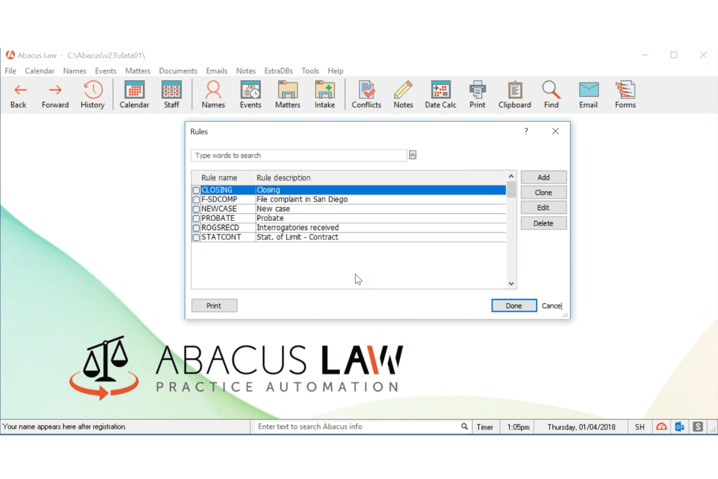 AbacusLaw Rules dialog