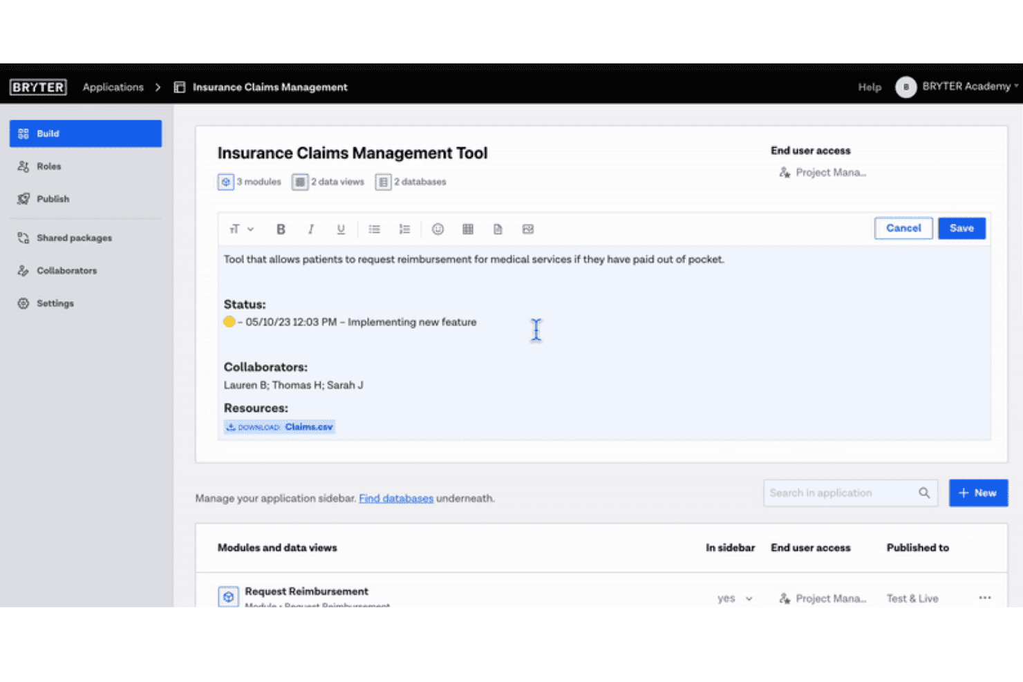 BRYTER Insurance Claims Management Tool dashboard