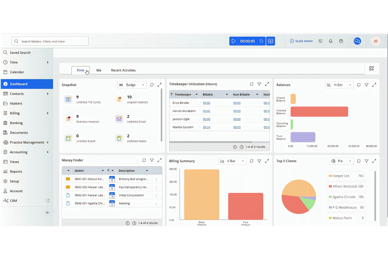 CosmoLex dashboard centralizes billing, matters, time, and finances.