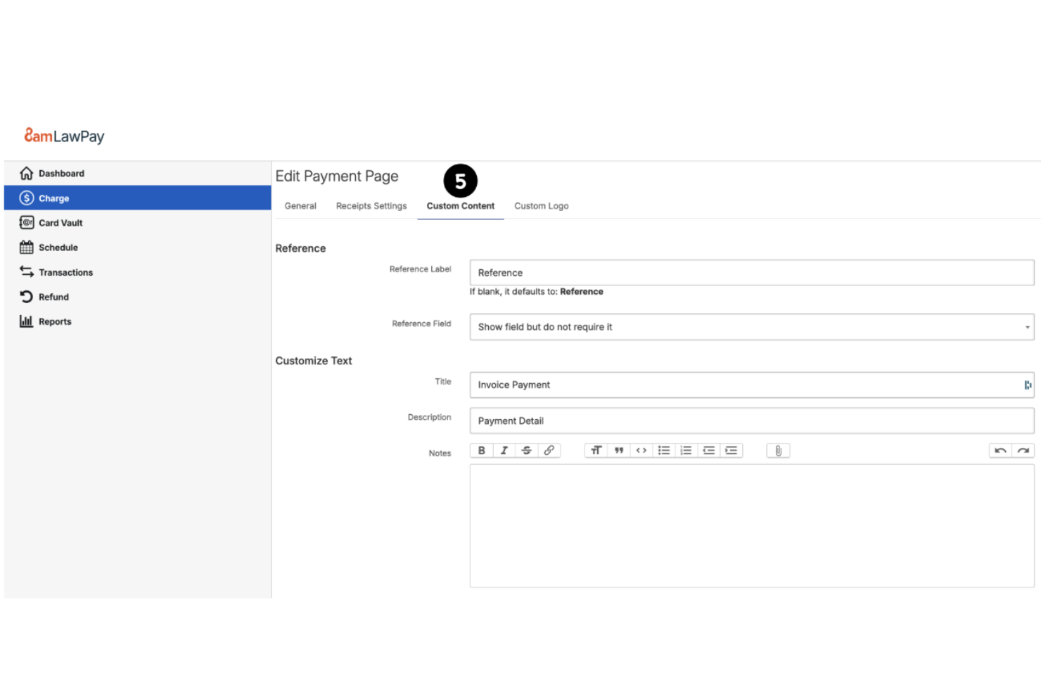 LawPay Edit Payment Page Custom Content tab