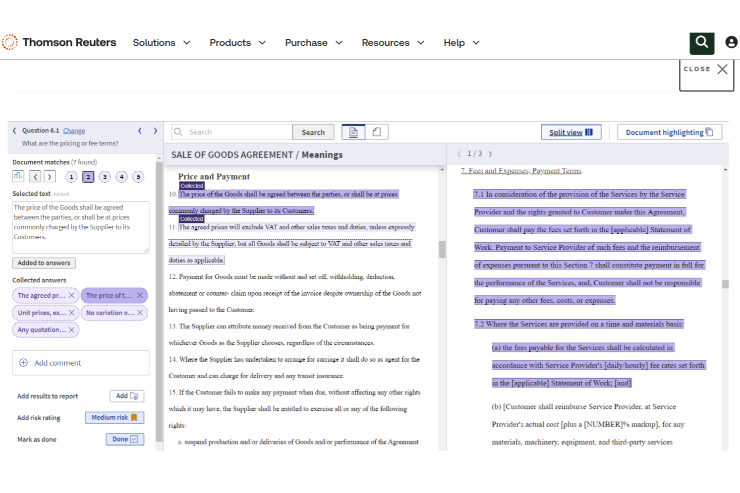 HighQ's split-view contract analysis interface