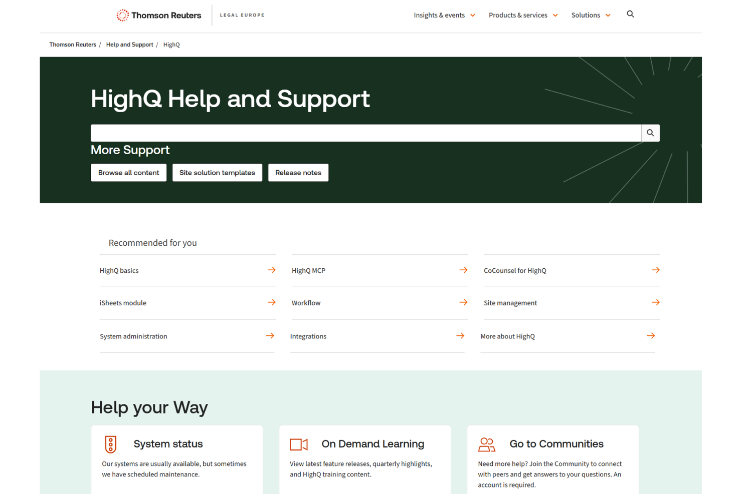 HighQ Help and Support page