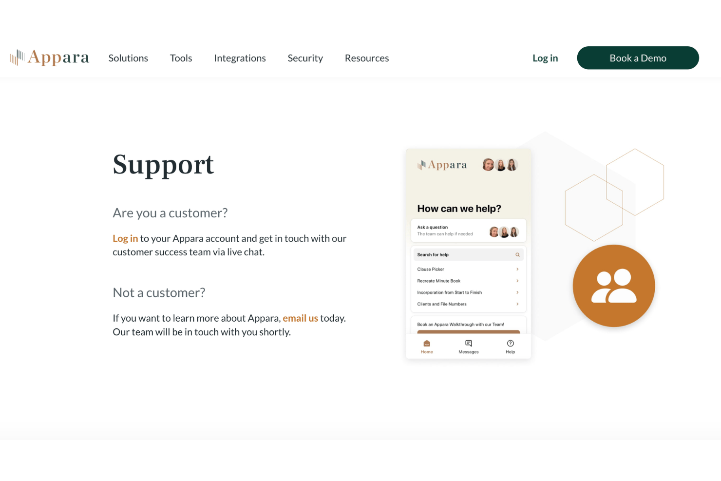 Appara support page showing customer login prompt and email contact