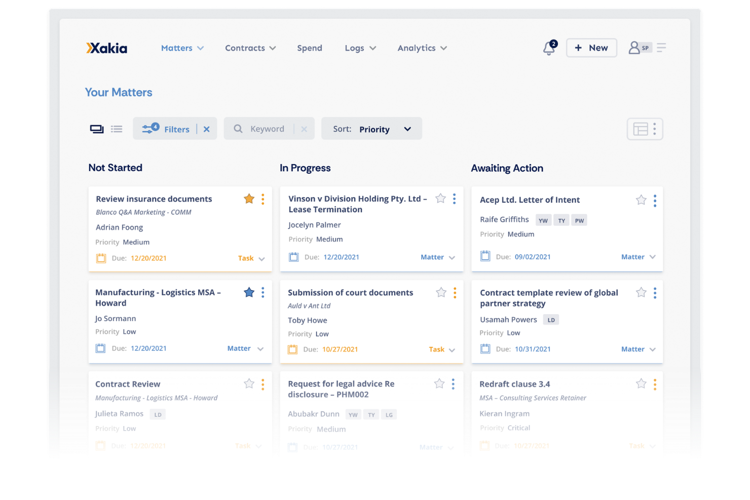 Xakia offers a Kanban-style matters dashboard that organizes legal tasks by status columns such as Not Started, In Progress, and Awaiting Action.