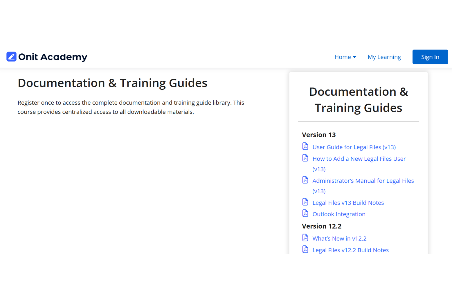 Onit Academy page showing Documentation and Training Guides for Legal Files