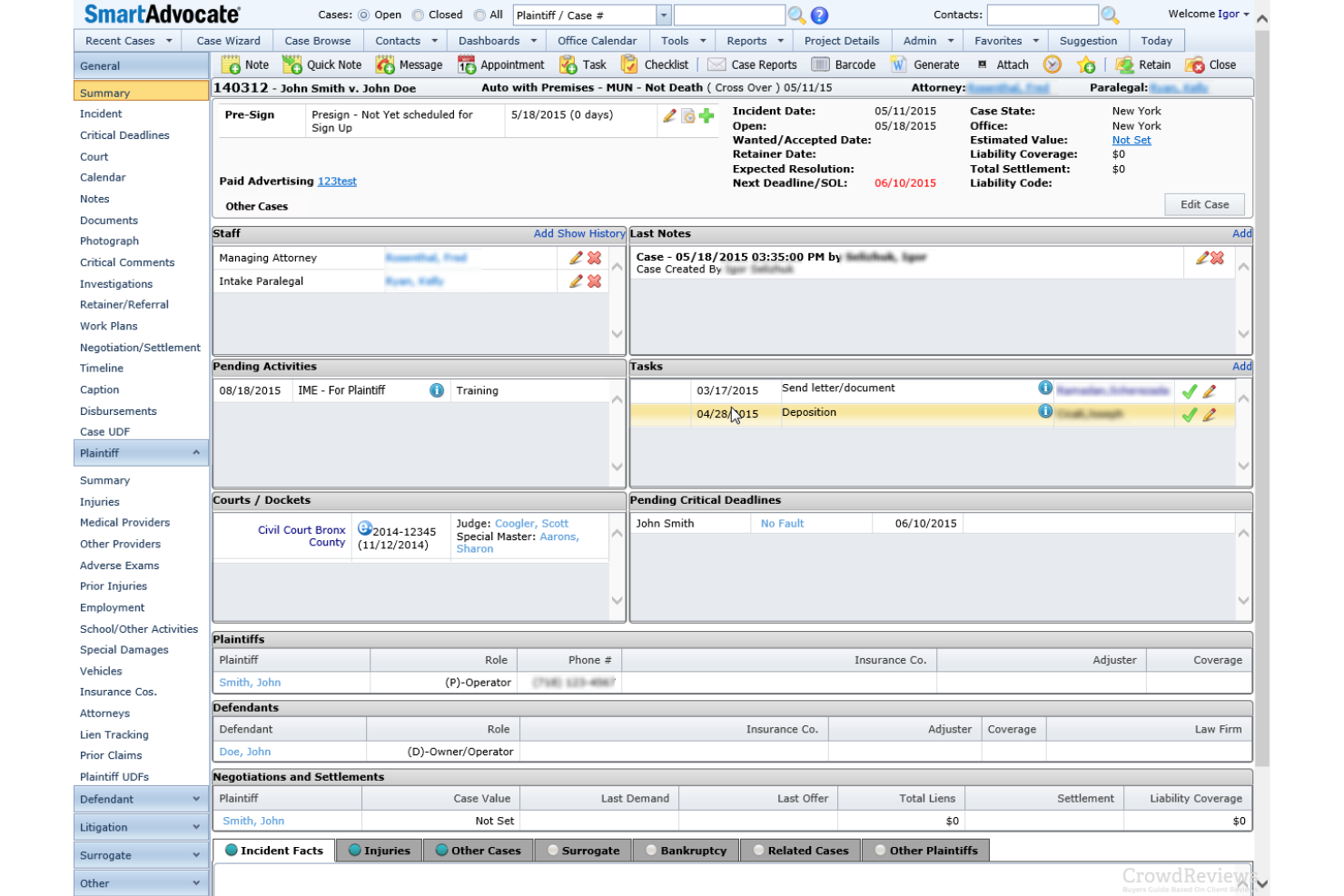 SmartAdvocate manages cases with automation, reporting, and workflows.