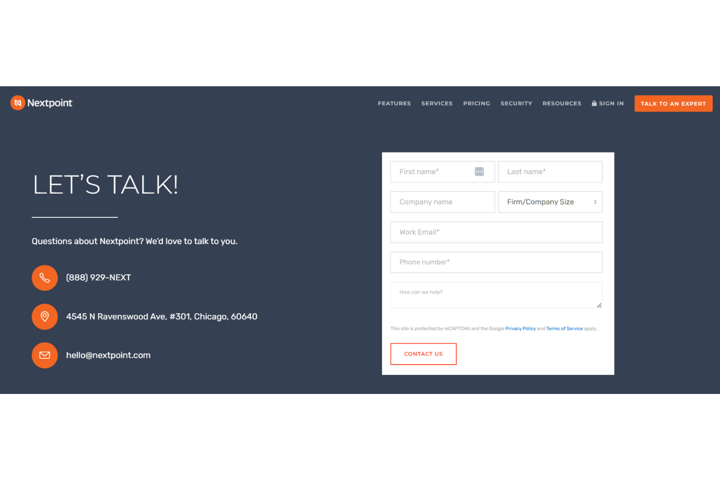 Nextpoint contact form with fields for name, company, email, phone, and message.
