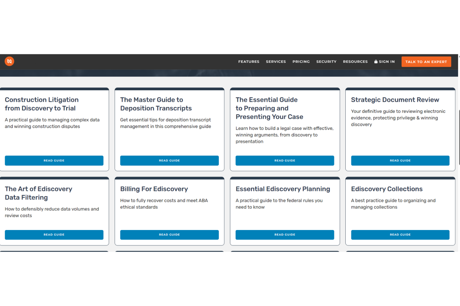Grid of eight legal guide cards with titles and Read Guide buttons on a website.