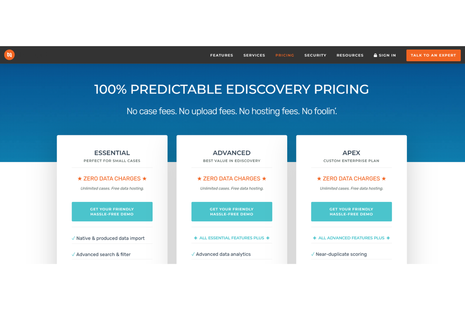Nextpoint pricing page showing three plans: Essential, Advanced, and Apex with zero data charges.