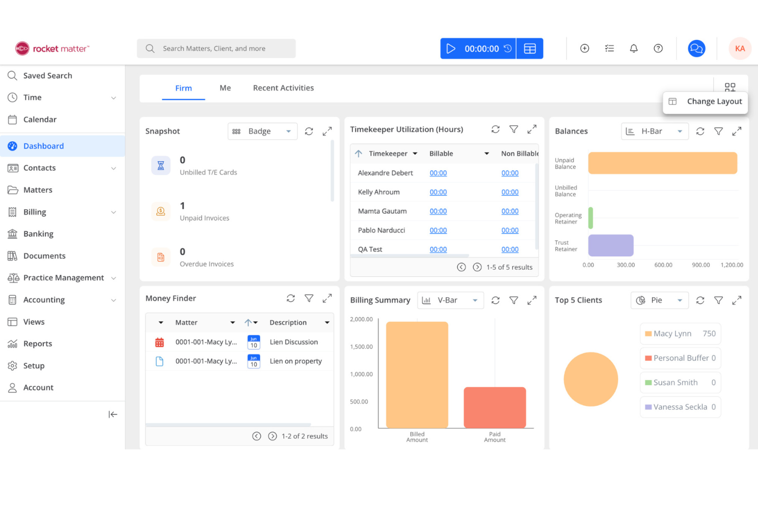Rocket Matter dashboard centralizes cases, finances, and tasks overview.