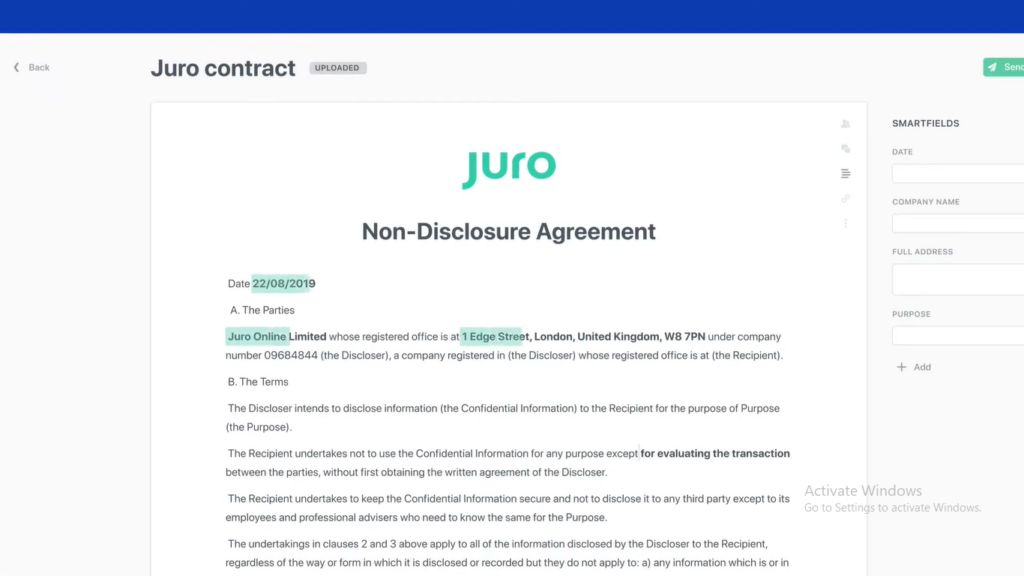 Juro screenshot - Les 10 meilleurs logiciels de gestion des contrats juridiques en 2026