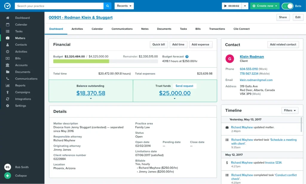 Clio screenshot - 10 beste Kanzleimanagement-Tools für kleine Anwaltskanzleien im Jahr 2026