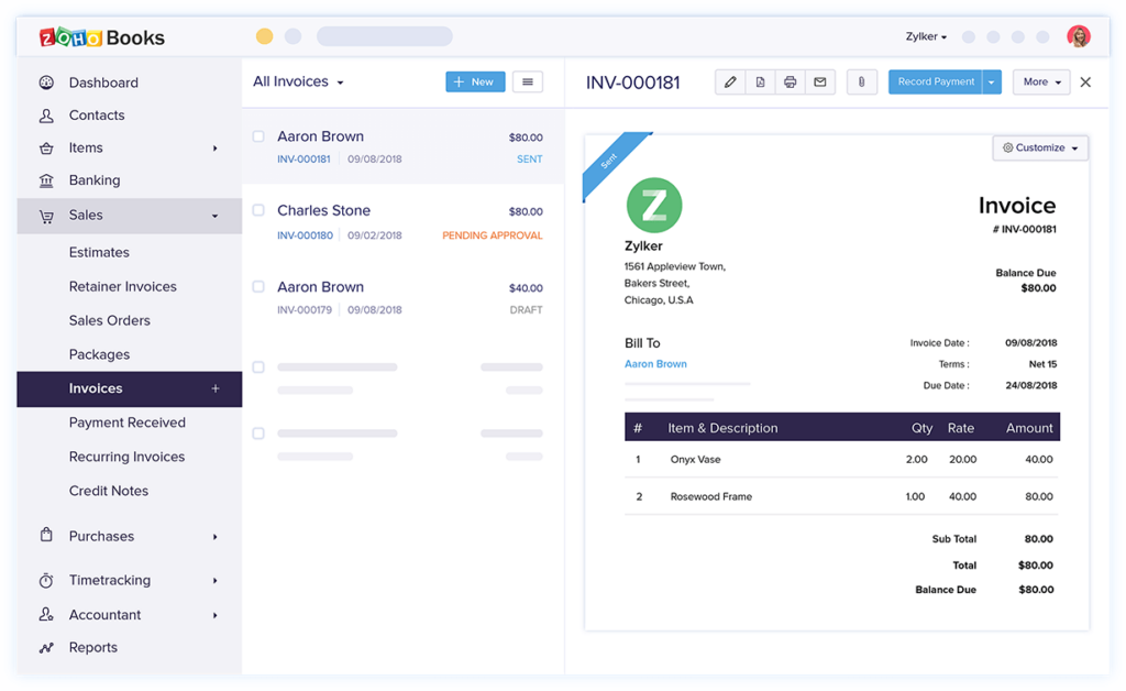 Zoho Invoice screenshot - 10 meilleurs logiciels de suivi du temps juridique pour la facturation en 2026