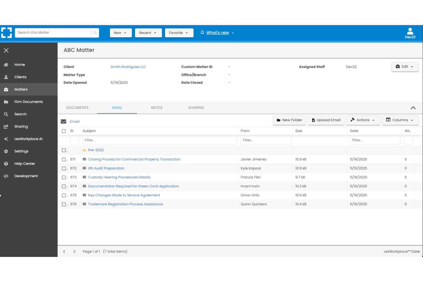 LexWorkplace screenshot - Le 10 migliori soluzioni di archiviazione email per studi legali nel 2026