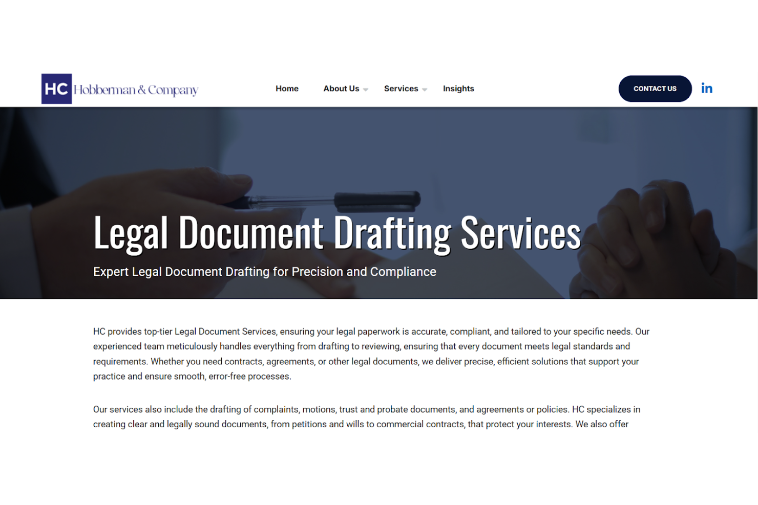 Hobberman &amp; Company screenshot - 10 mejores servicios de redacción de documentos legales en 2026