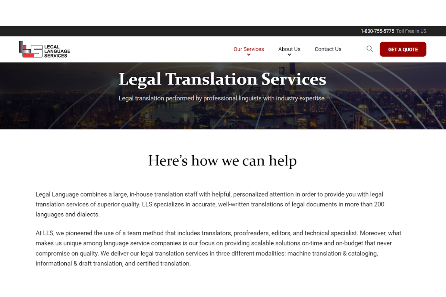 Legal Language Services screenshot - 10 mejores servicios de traducción de documentos legales en 2026
