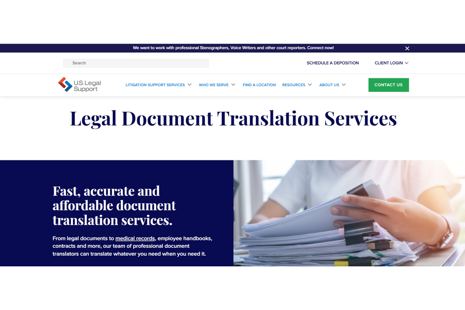 U.S. Legal Support screenshot - 10 migliori servizi di traduzione di documenti legali nel 2026