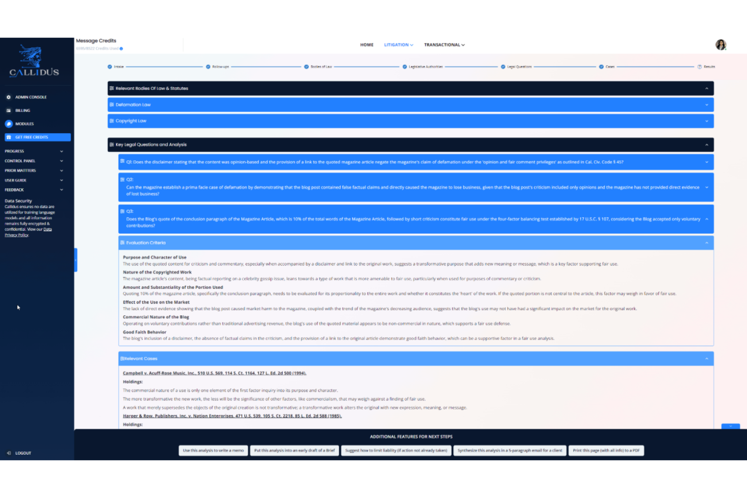 Callidus screenshot - 10 mejores herramientas de investigación jurídica con IA analizadas en 2026