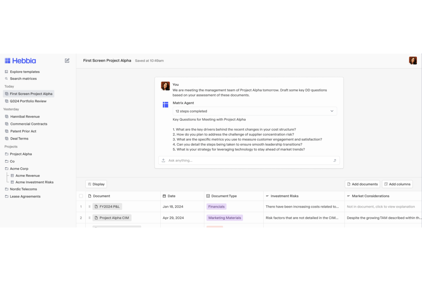 Hebbia screenshot - Le 10 migliori soluzioni di IA legale recensite nel 2026