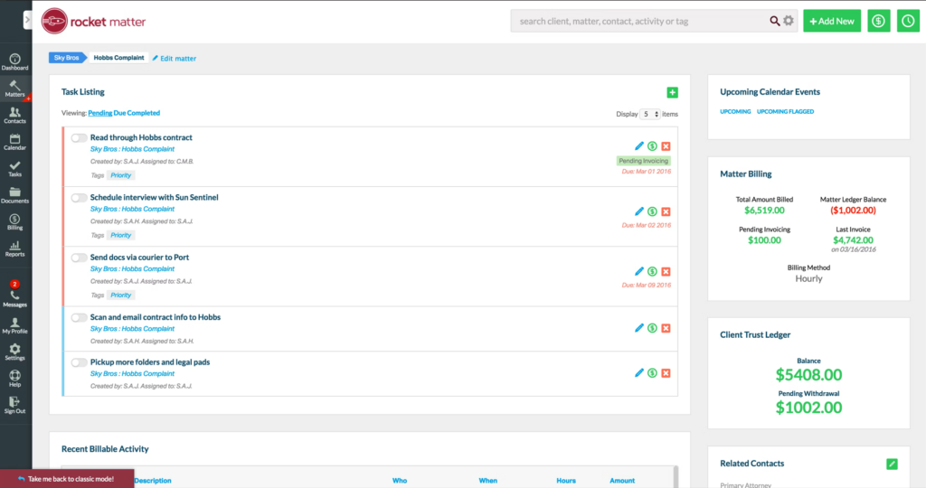 Rocket Matter screenshot - 10 alternativas a MyCase para la gestión de casos en 2026