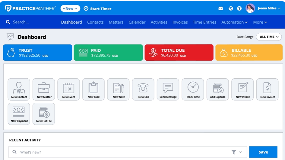 PracticePanther screenshot - 10 Mejores Programas de Facturación para Pequeños Bufetes de Abogados de 2026