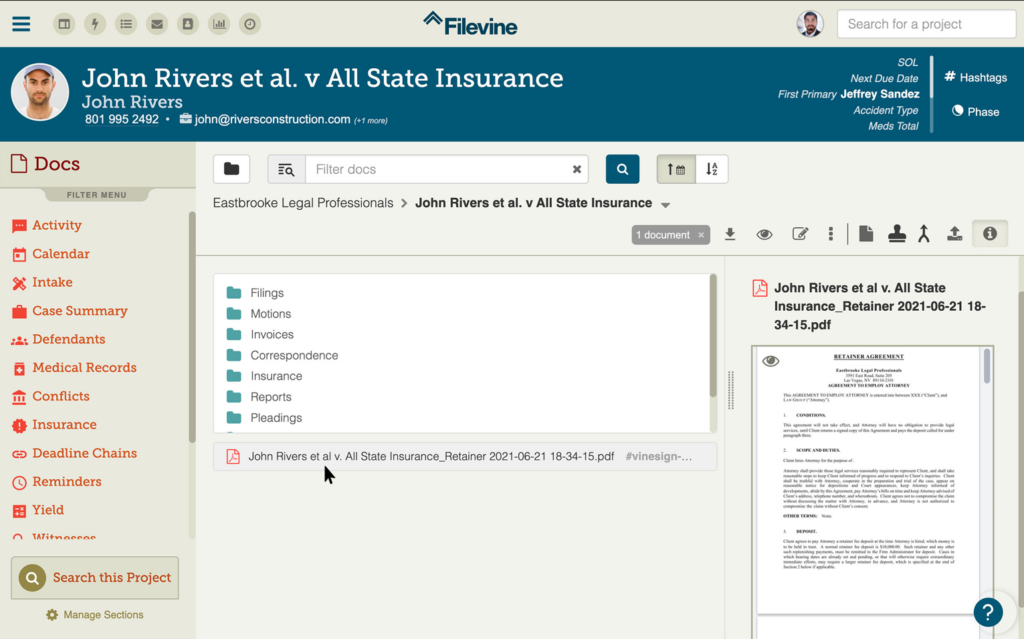 Filevine screenshot - Dominare il tuo caso: I 26 migliori software per il controllo dei conflitti nel 2026