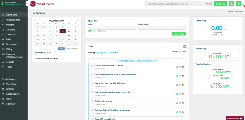 Rocket Matter screenshot - I 10 migliori software per la gestione dei clienti degli studi legali del 2026