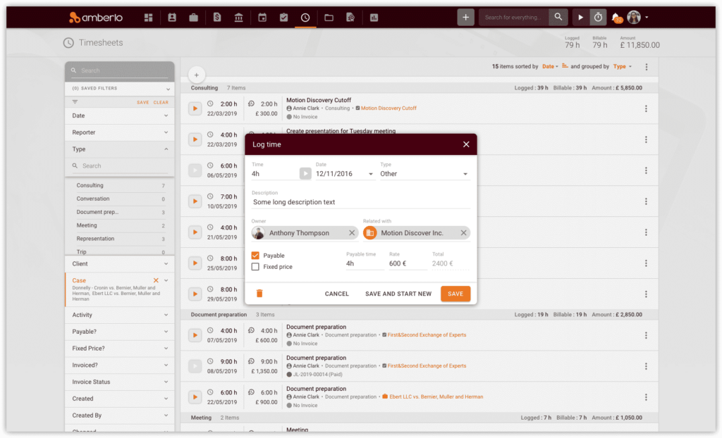 Amberlo screenshot - I 10 migliori software legali per la rilevazione dei tempi per la fatturazione nel 2026