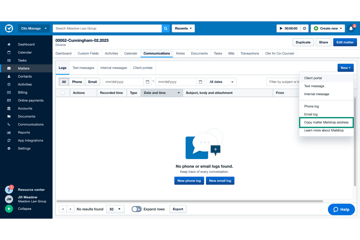Clio screenshot - Le 10 migliori soluzioni di archiviazione email per studi legali nel 2026