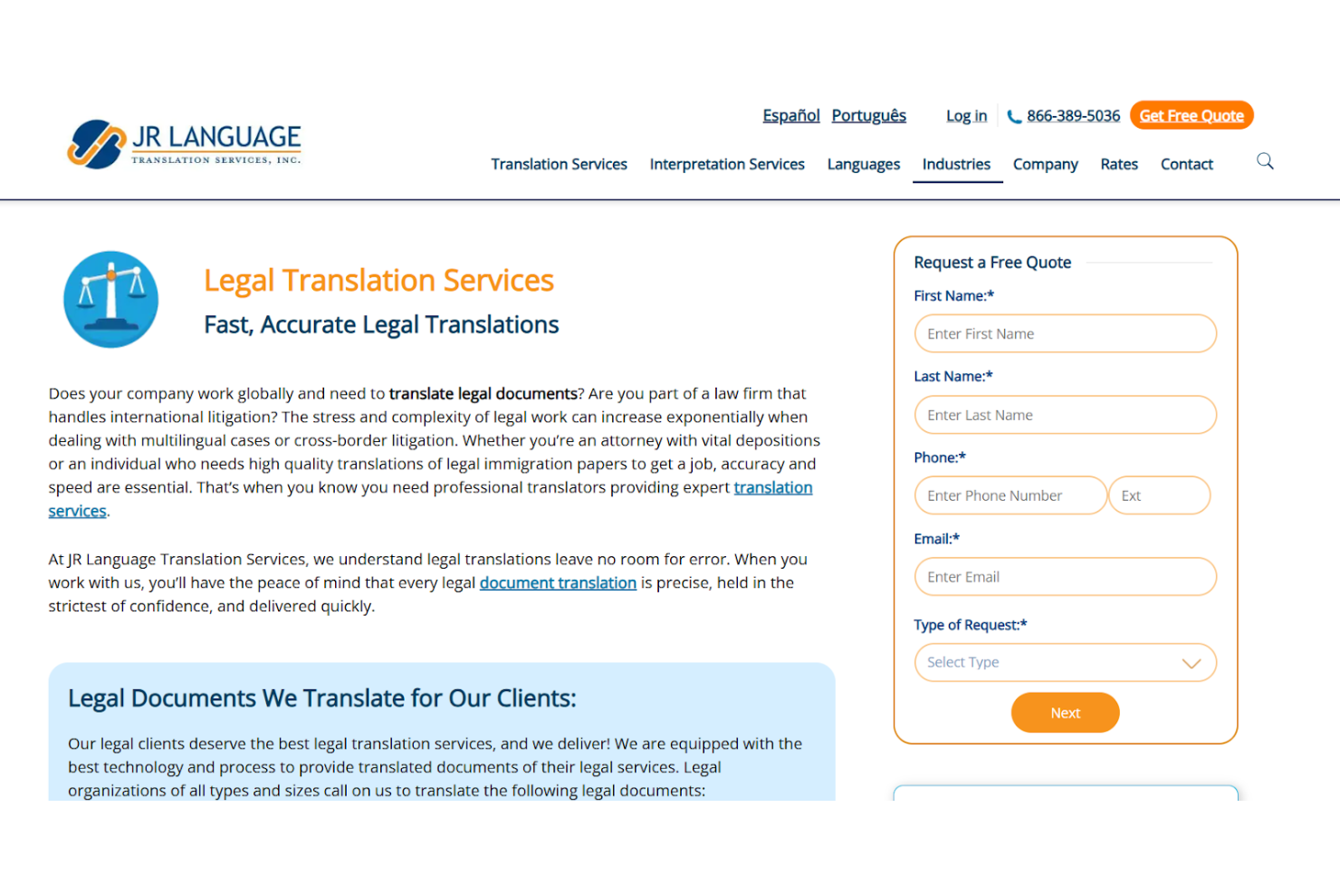 JR Language Translation Services screenshot - 10 mejores servicios de traducción de documentos legales en 2026