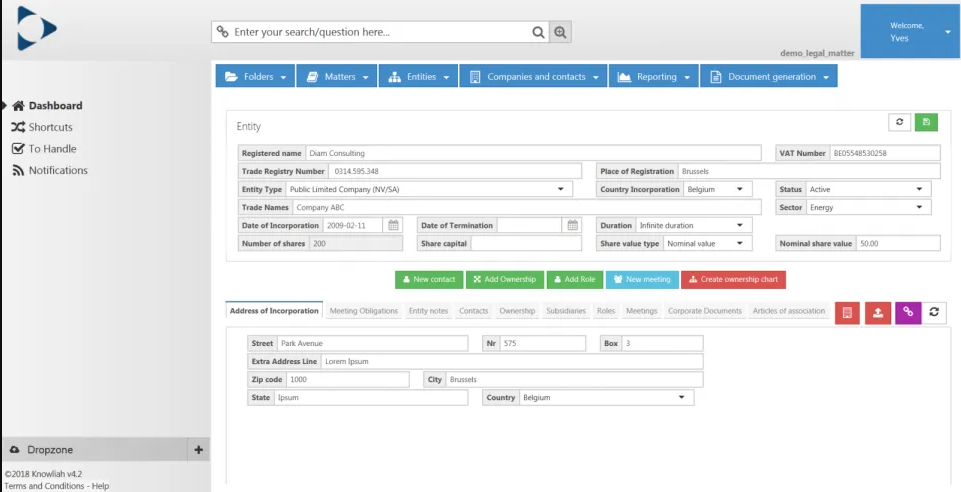 Knowliah screenshot - 10 beste softwareoplossingen voor juridisch beheer van ondernemingen voor 2026