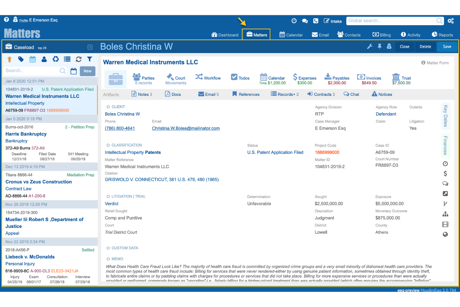 HoudiniEsq centralizes case management, contacts, tasks, and finances.