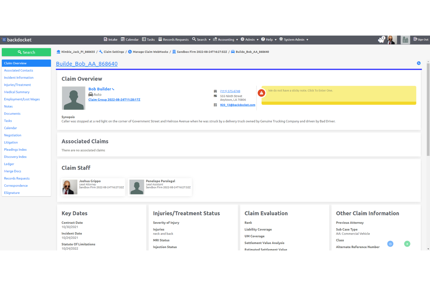 Backdocket centralizes claim data, staff, and case details dashboard.