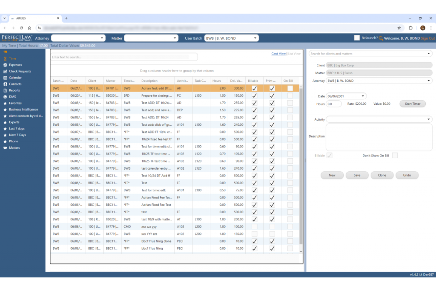 PerfectLaw centralizes time entries, billing data, and matter activity.