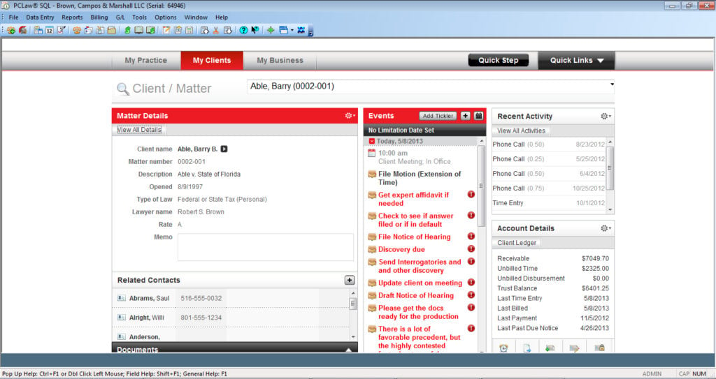A screenshot of the client tab inside Lexis.