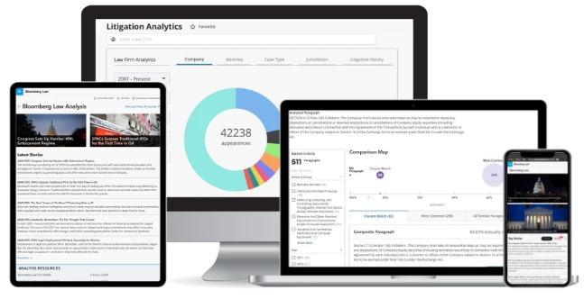 A desktop and mobile view for some features of the tool Bloomberg Law.