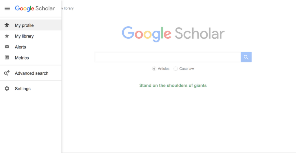 A screenshot of the main page for the tool Google Scholar.