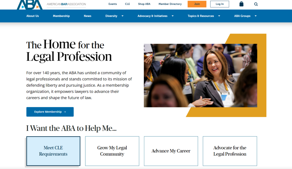 Pagina di adesione all'ABA con professionisti del settore legale e risorse per i membri