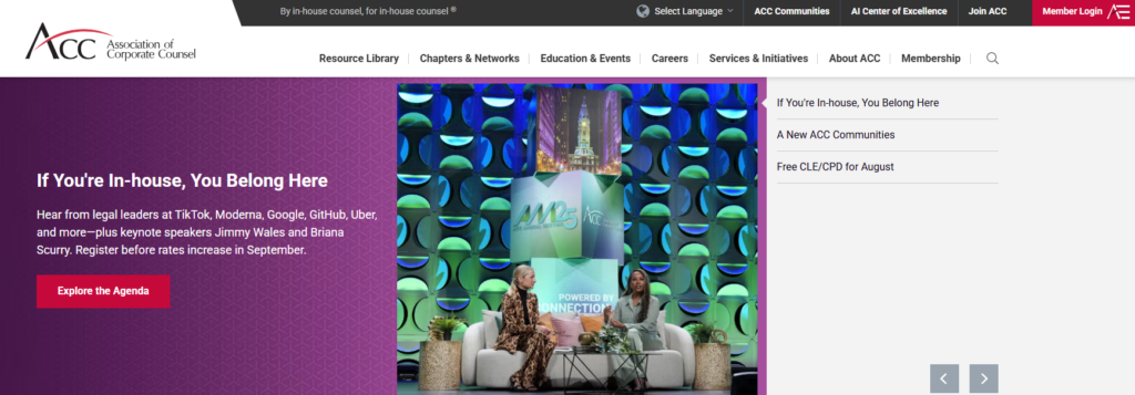 Homepage dell'ACC con un evento per legali interni e risorse professionali