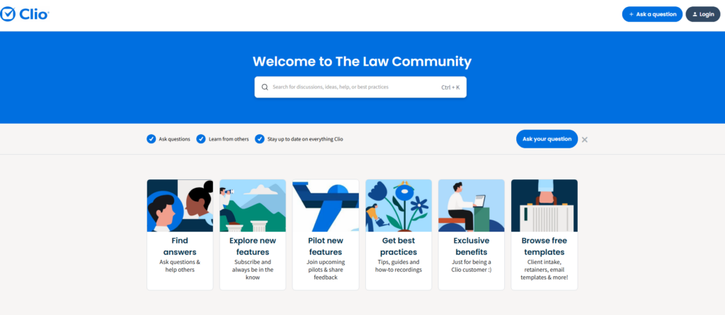 Pagina della comunità legale di Clio che mostra discussioni, buone pratiche e modelli