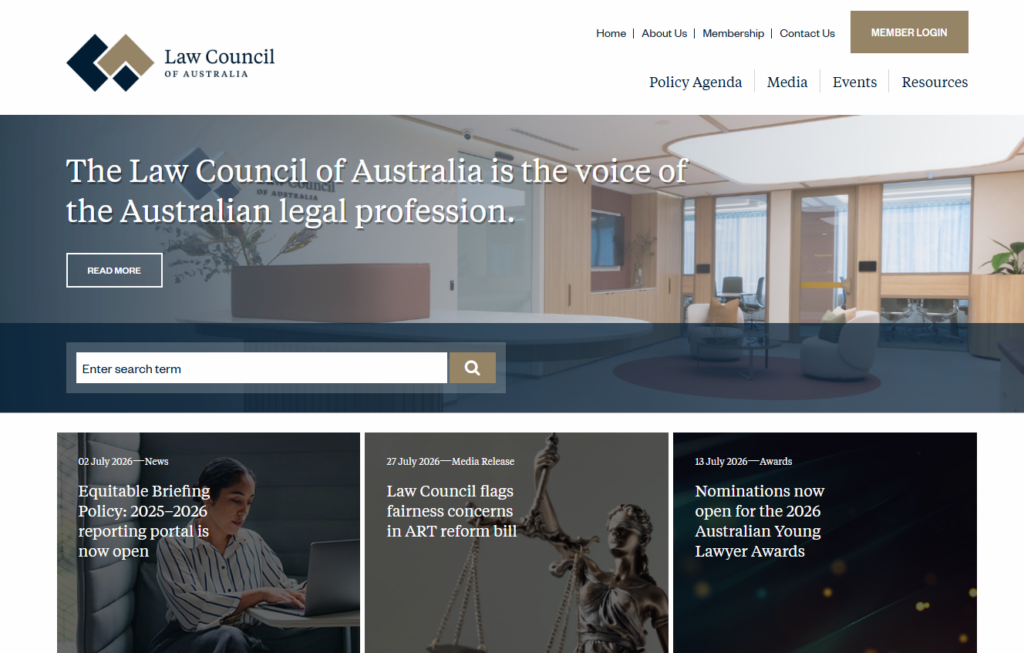 Pagina iniziale del Law Council of Australia con aggiornamenti sulle politiche e notizie legali