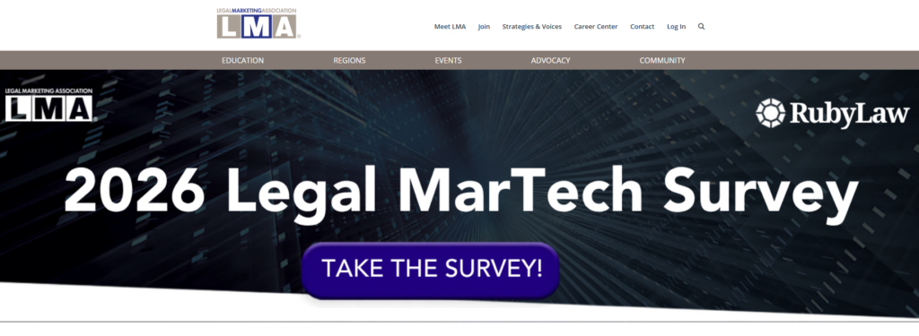 Pagina iniziale dell'Associazione per il marketing legale con il suo sondaggio Legal MarTech 2026