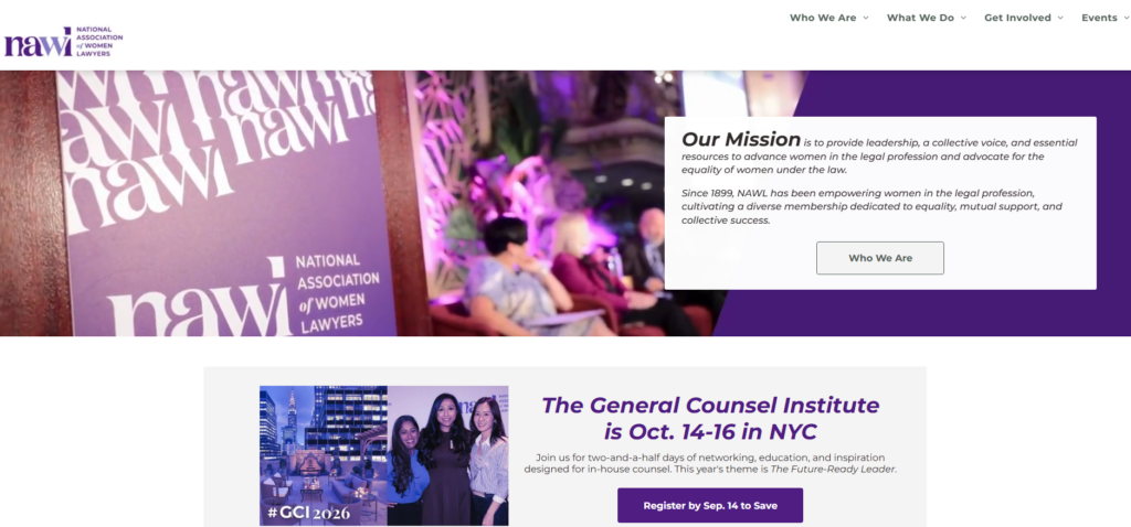 Homepage di NAWL che mette in evidenza la sua missione e il General Counsel Institute
