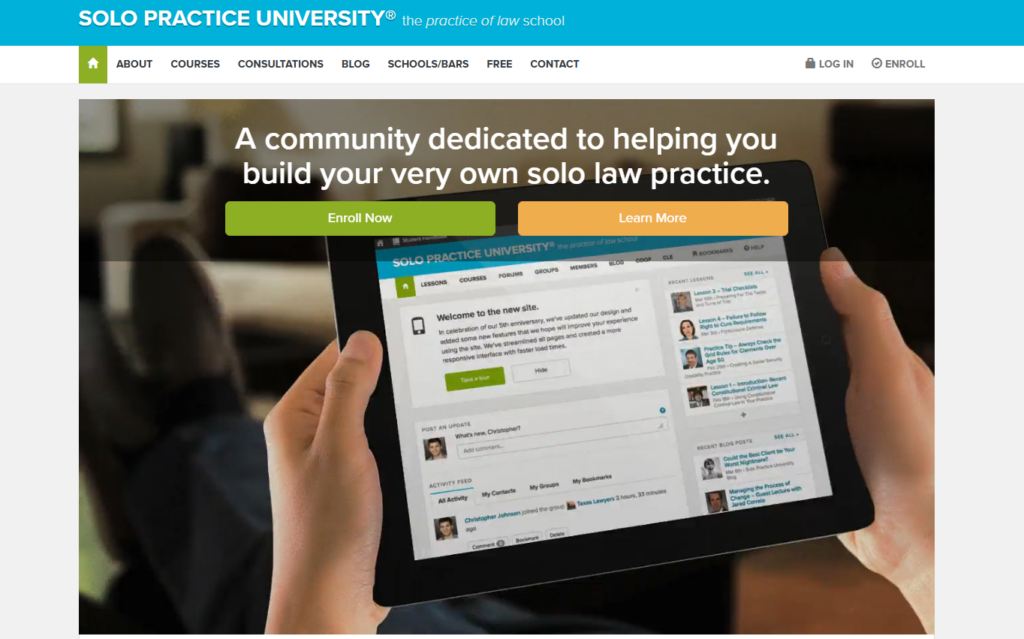 Homepage di Solo Practice University che mostra la sua piattaforma di apprendimento online