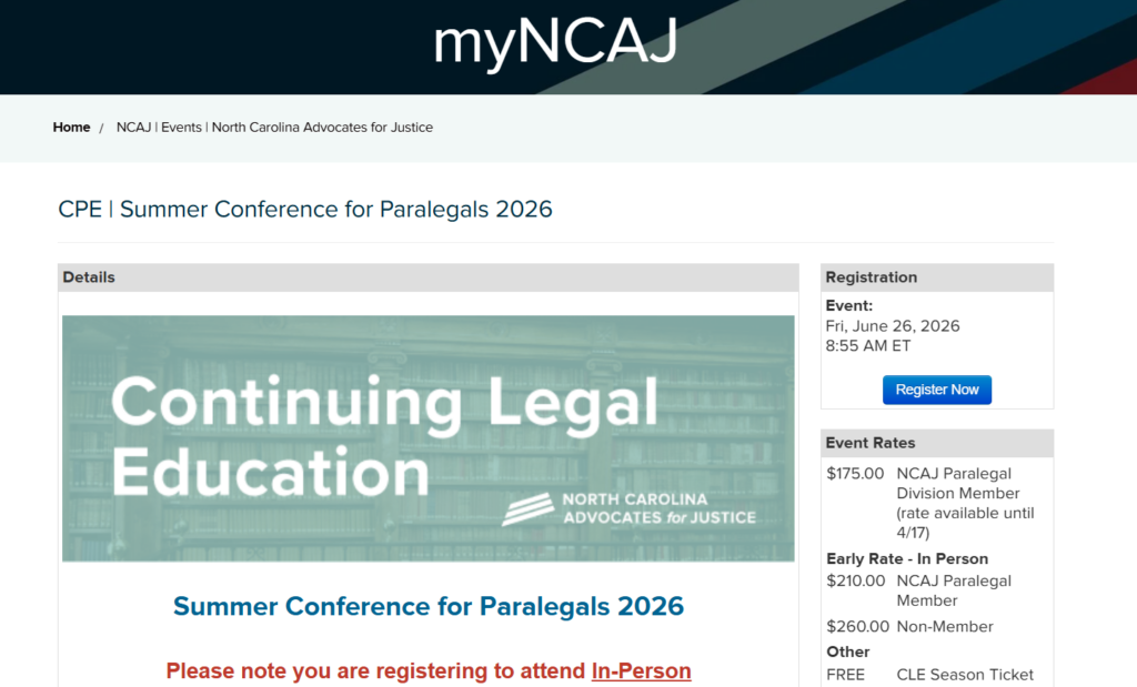 The landing page of the CPE Summer Conference for Paralegals 2026