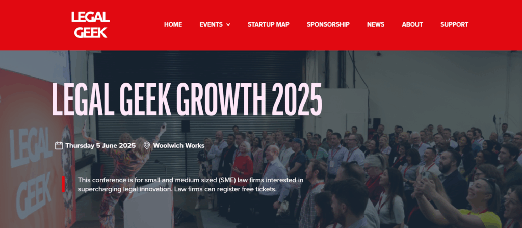 Screenshot of the Legal Geek Growth conference web page