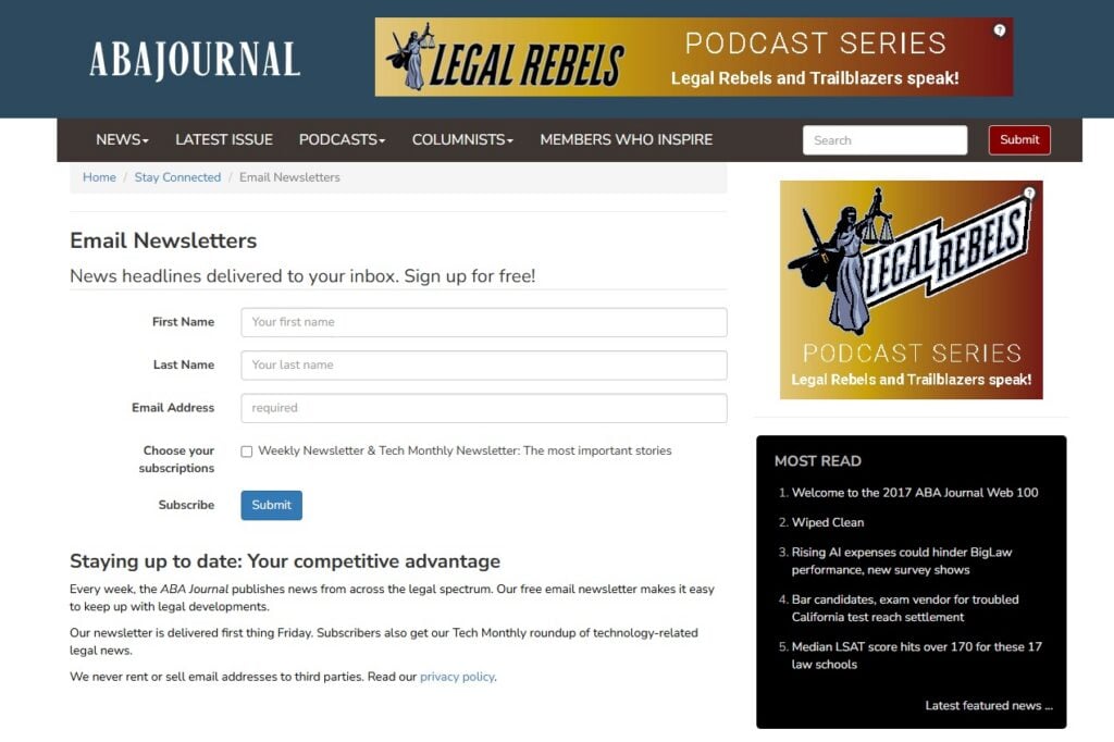 Pagina di iscrizione alla newsletter settimanale dell'ABA Journal
