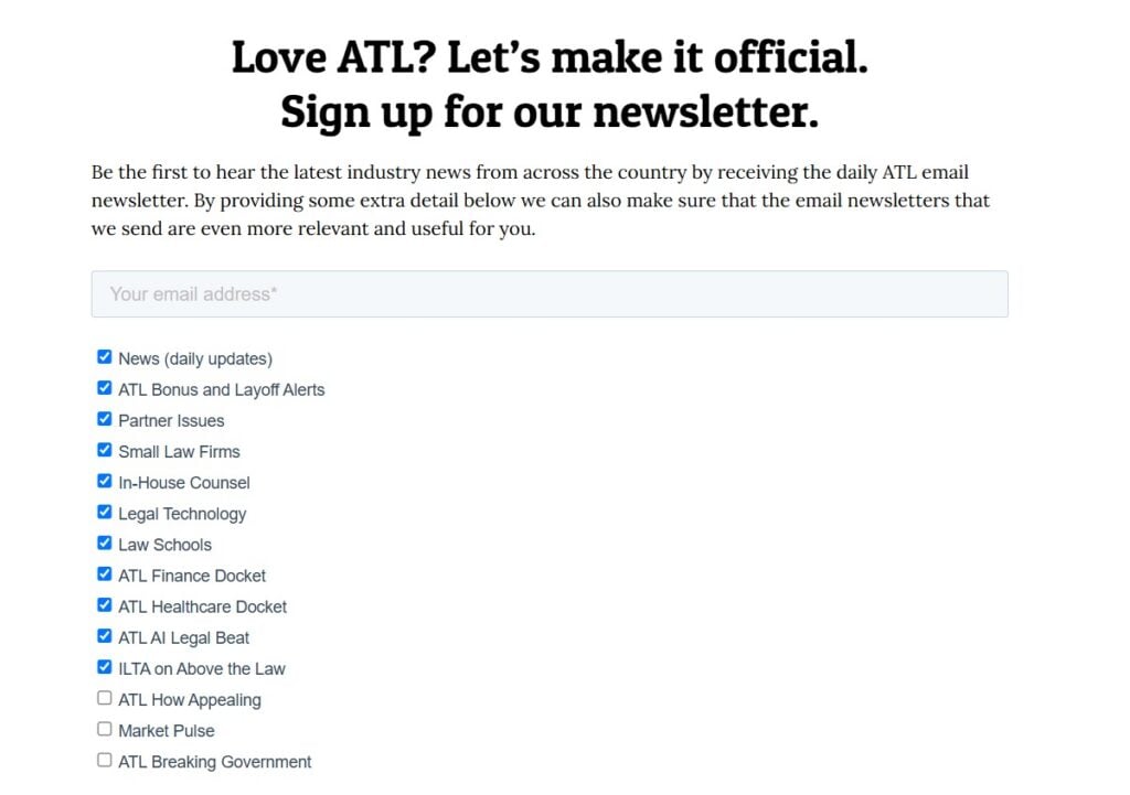 Pagina di iscrizione alla newsletter Above the Law con le relative opzioni