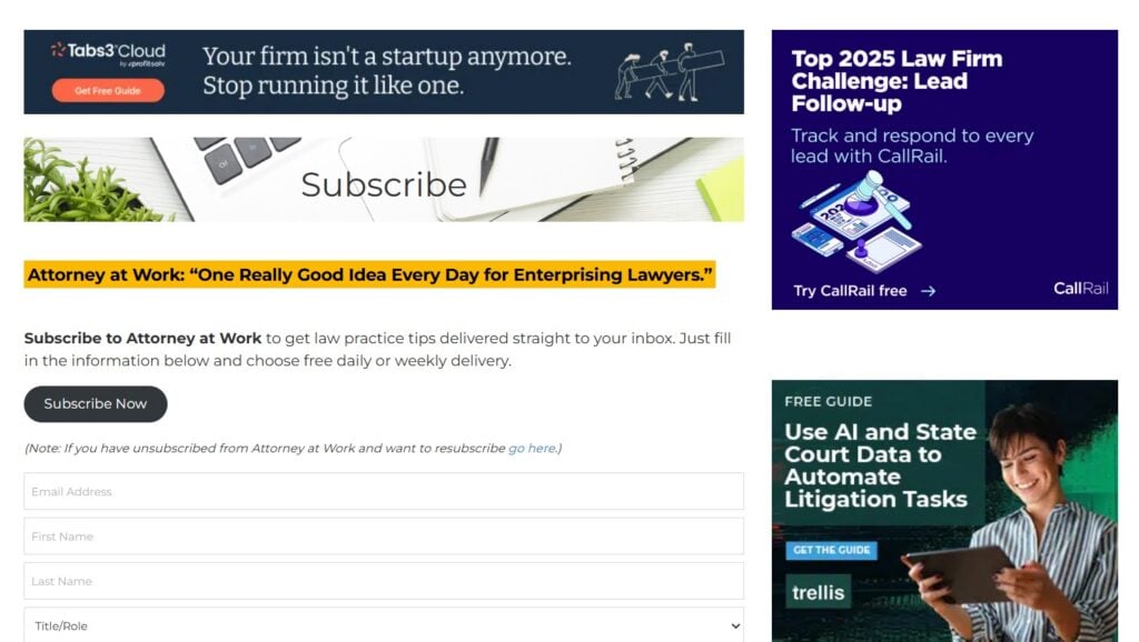 La pagina di iscrizione ad Attorney at Work