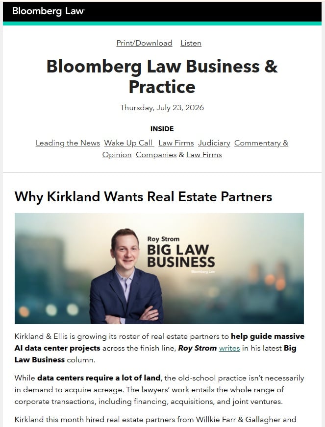 Schermata di una newsletter di esempio Bloomberg Law Business and Practice